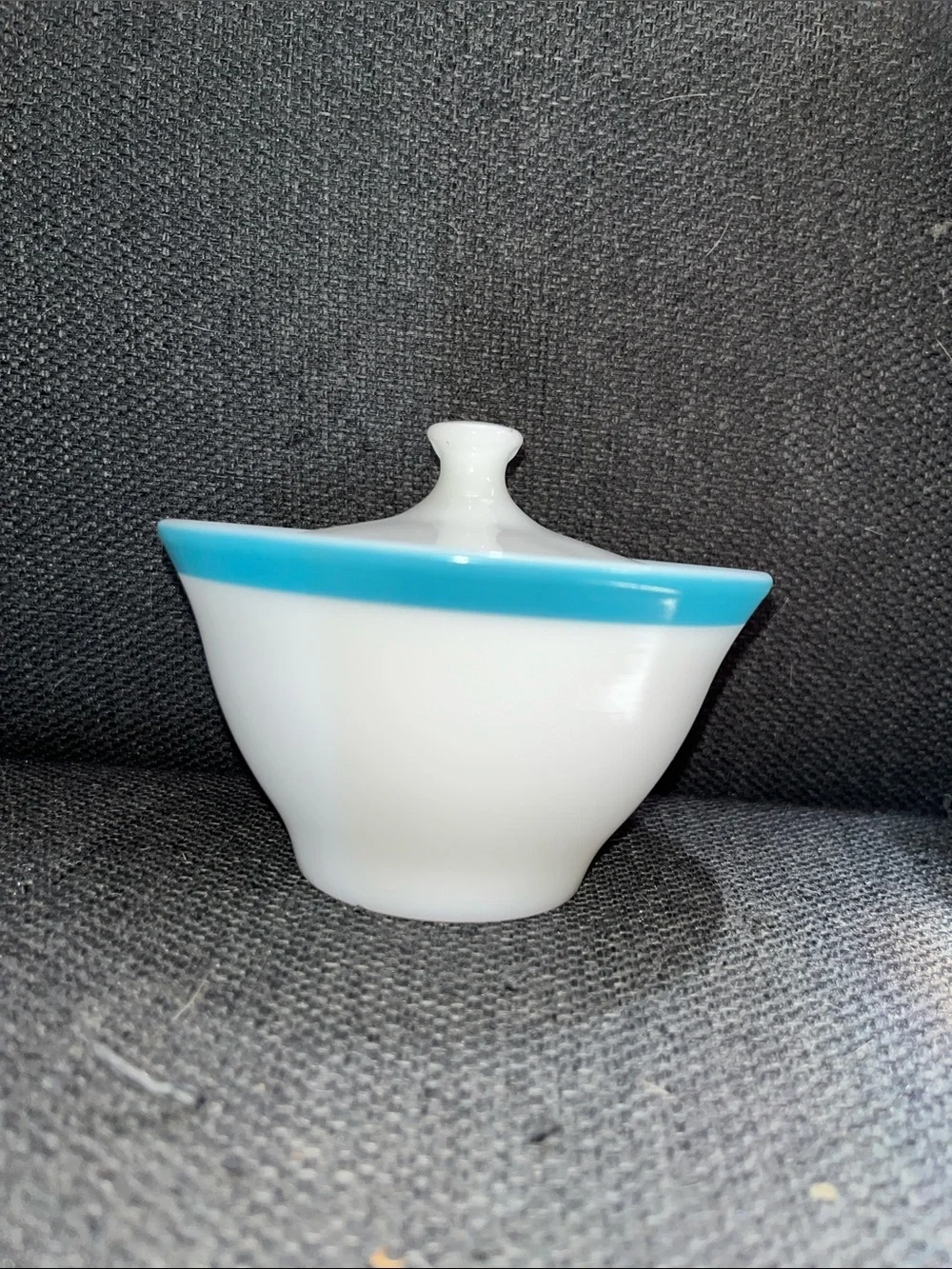 Vintage Pyrex White Milk Glass Sugar Bowl with Turquoise Rims